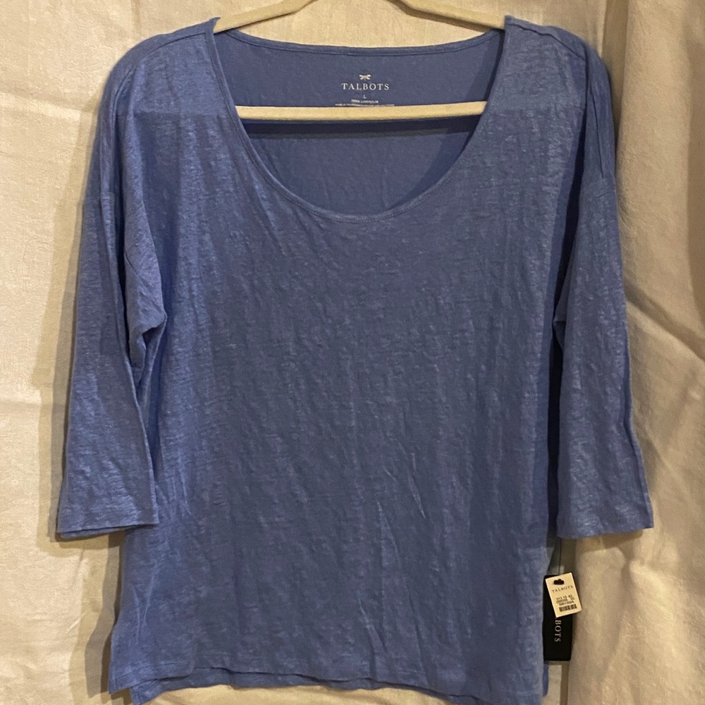Talbots Women's 3/4 Sleeve Light Blue Linen Tee